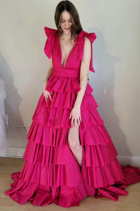 Fuchsia Bow Tie Straps Layers Plunging V Long Prom Dress