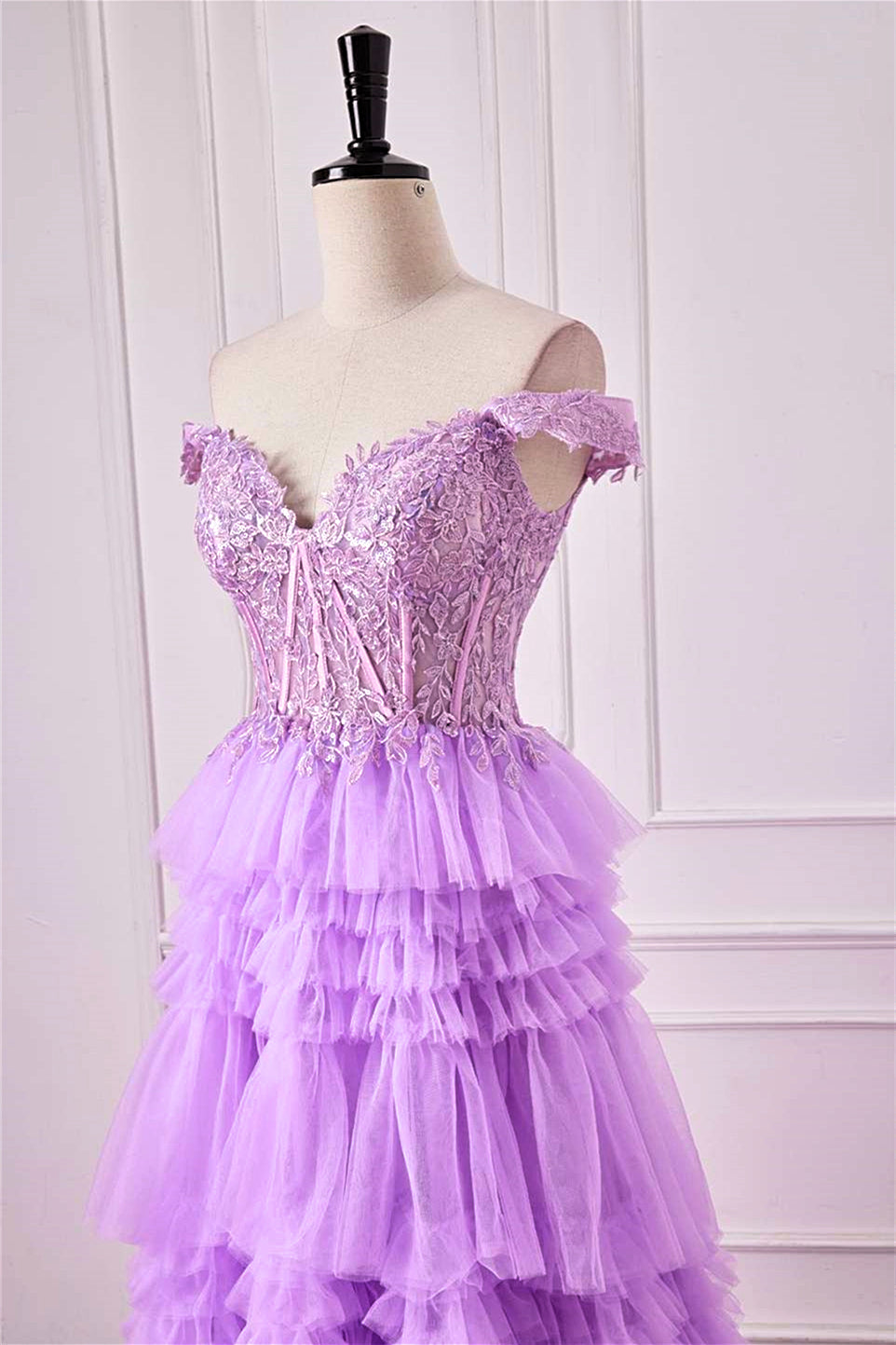 Lavender Off-Shoulder Floral Layers A-line Long Prom Dress