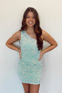 Mint Green One Shoulder Sequins Sheath Homecoming Dress