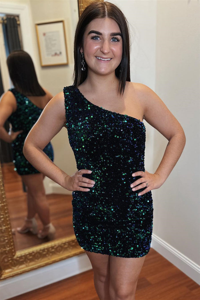 Dark Green Sequins One Shoulder Homecoming Dress