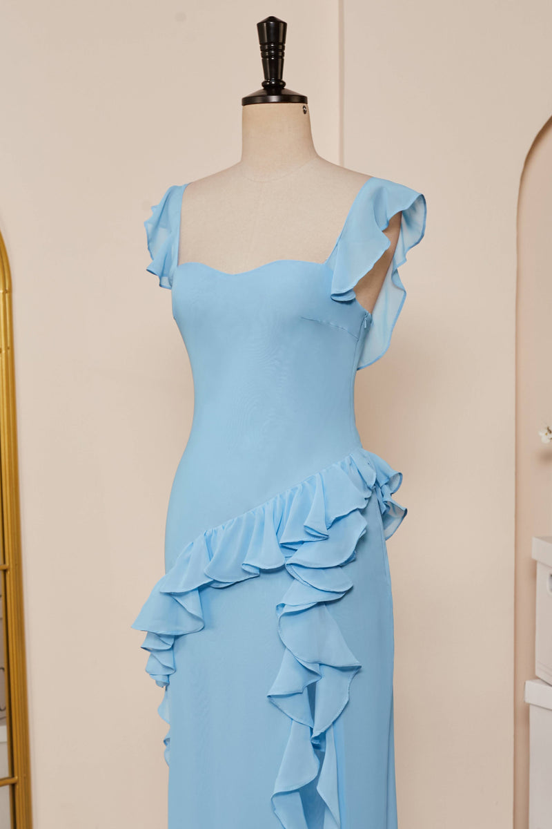 Light Blue Flaunt Sleeves Mermaid Ruffled Long Bridesmaid Dress with Slit