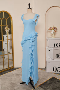 Light Blue Flaunt Sleeves Mermaid Ruffled Long Bridesmaid Dress with Slit