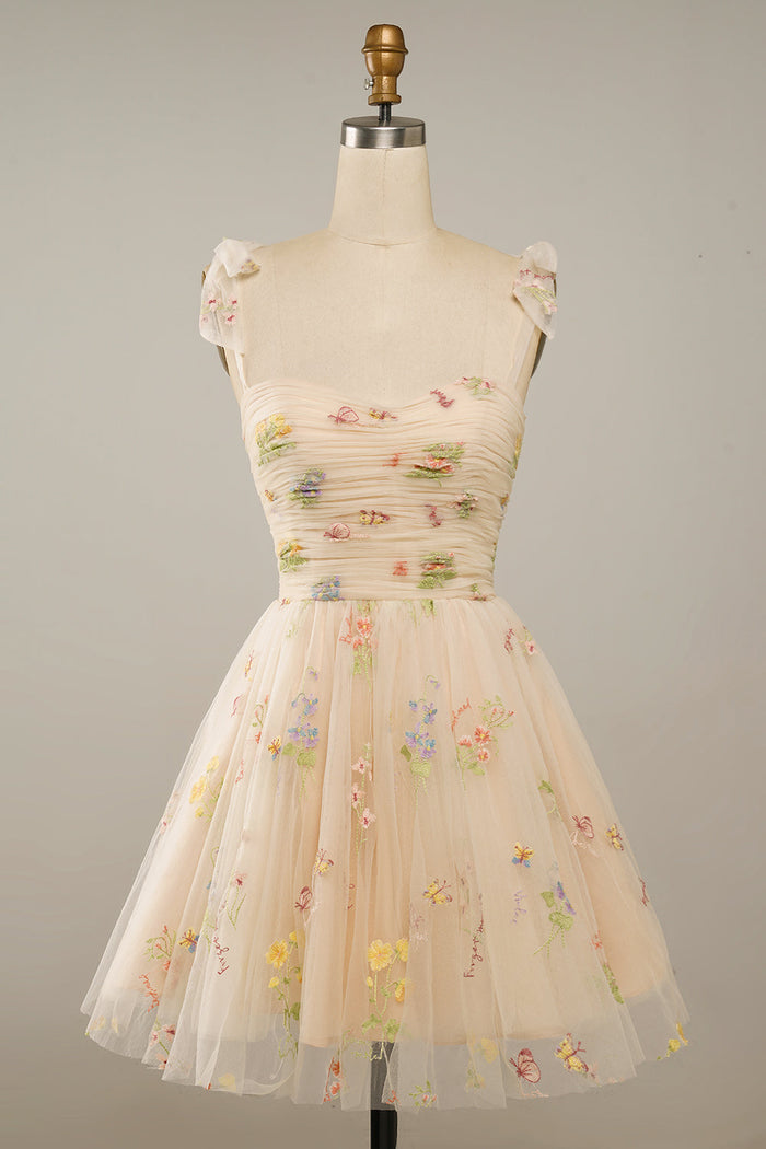 Champagne Bow Tie Embroidery Tulle A-line Homecoming Dress