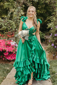 Red Ruffled Crossed Top Hi-Low Layers Long Prom Dress