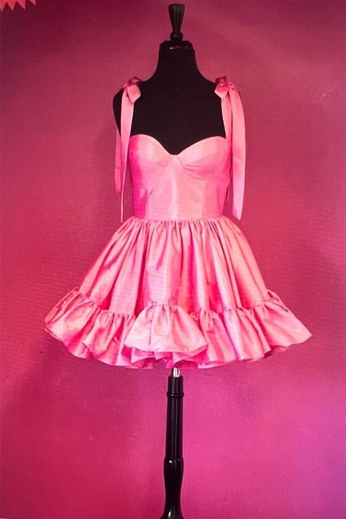 Pink Satin A-line Ruffle Bow Tie Homecoming Dresss