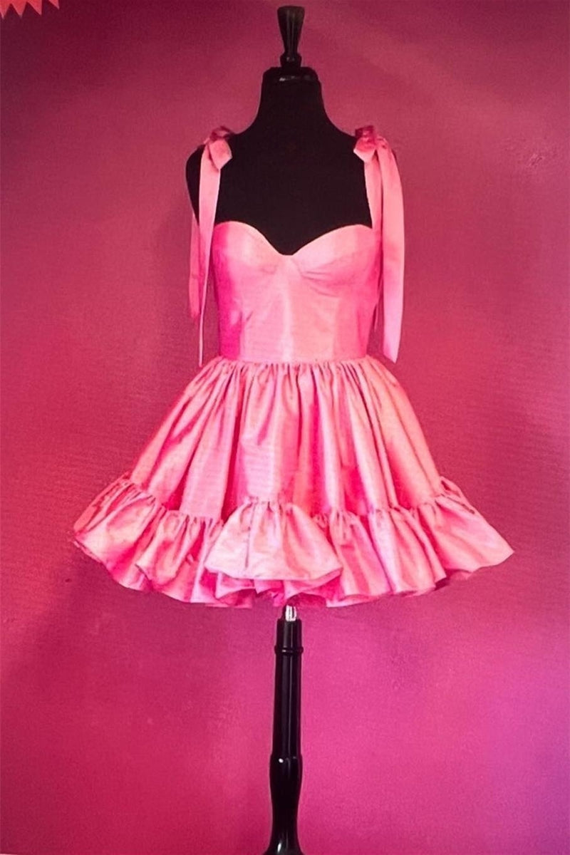 Pink Satin A-line Ruffle Bow Tie Homecoming Dresss