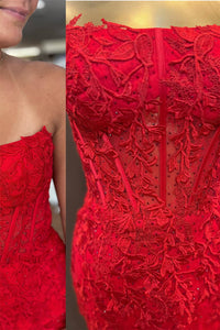 Red Strapless Sheath Appliques Homecoming Dress