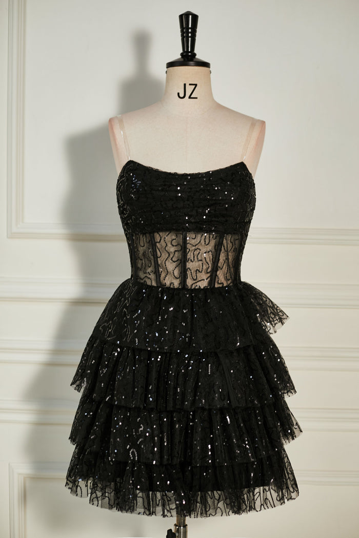 Black Strapless Beaded Multi-Layers Homecoming Dress