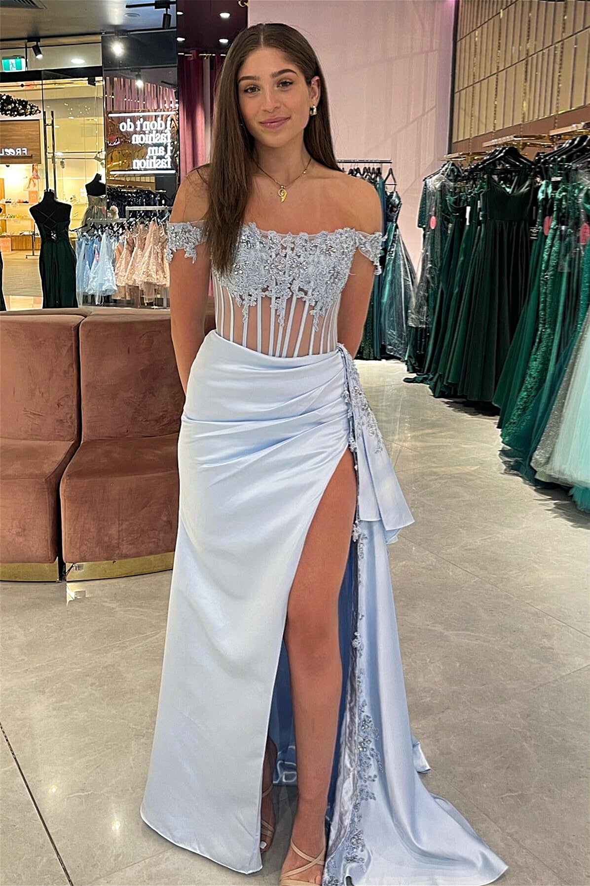 Light Blue Off-Shoulder Mermaid Floral Rhinestones Long Prom Dress with Slit