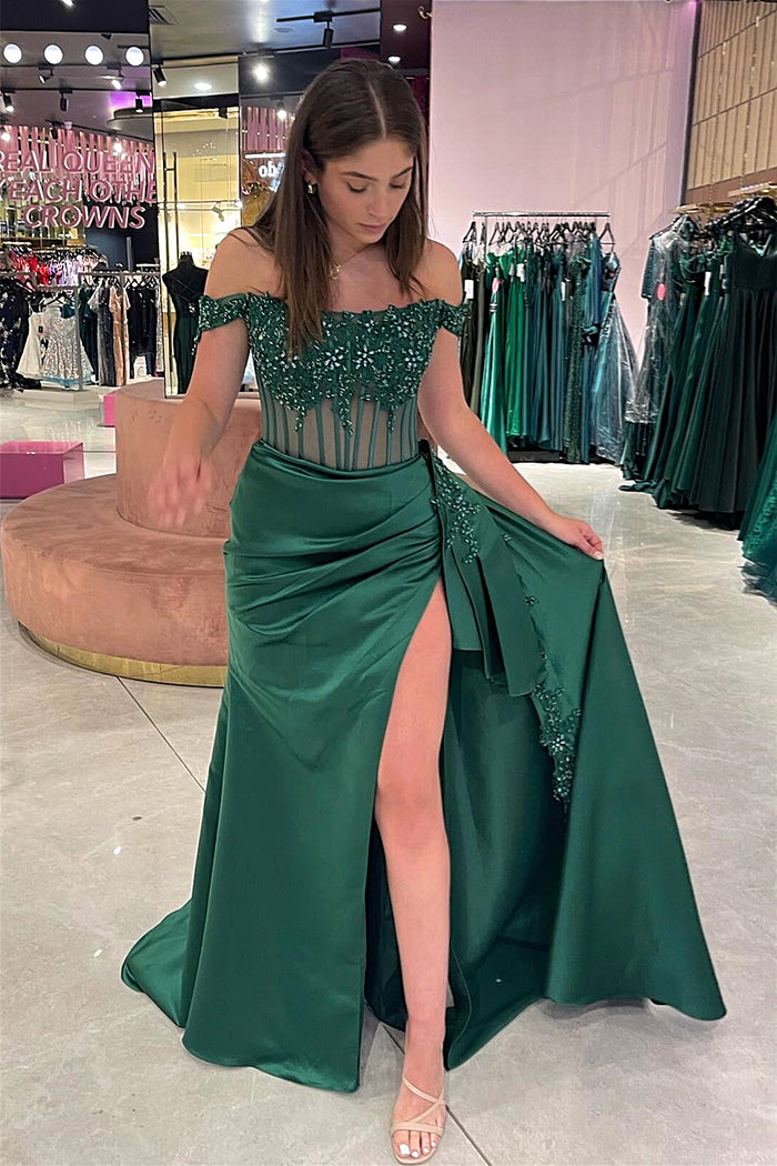 Hunter Green Off-Shoulder Mermaid Floral Rhinestones Long Prom Dress with Slit