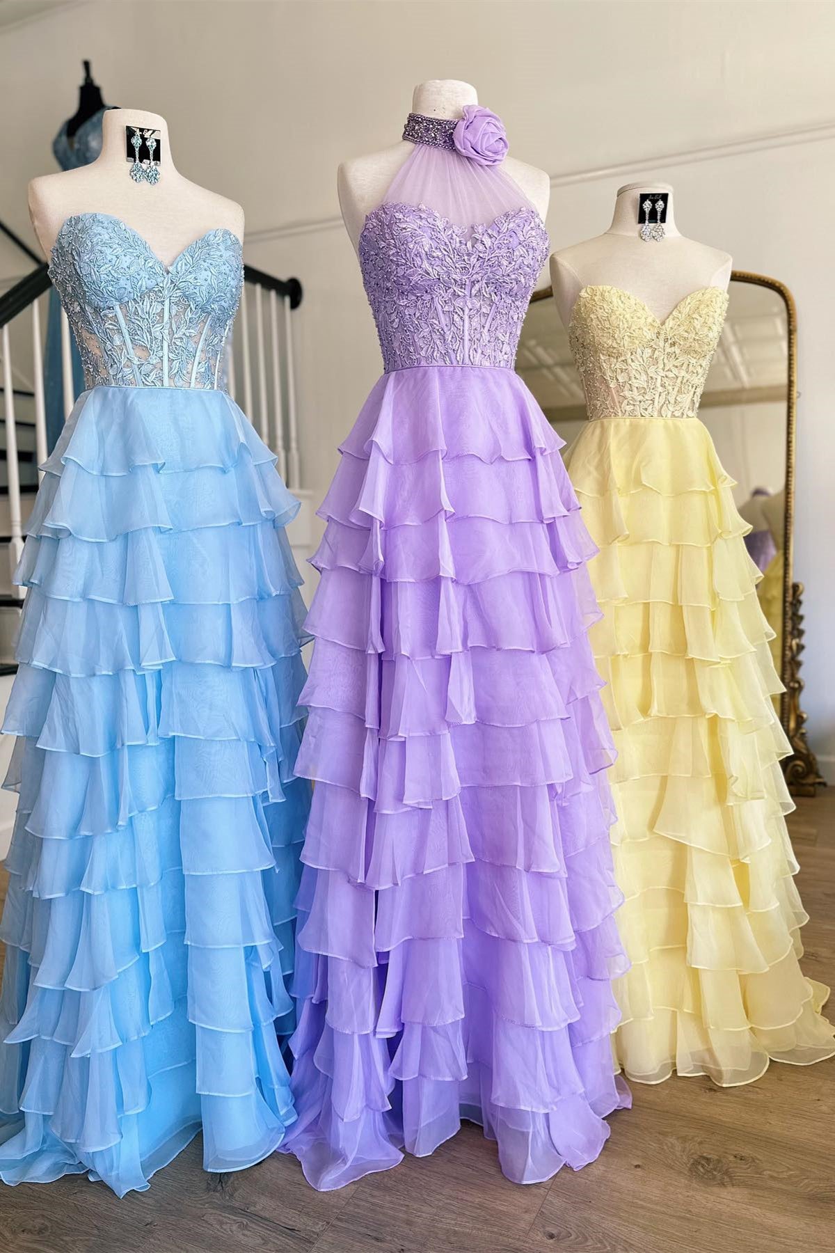 Sky Blue & Lavender & Yellow Illusion Halter Flower Appliques Multi-Layers Long Prom Dress