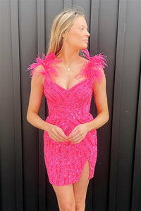 Hot Pink V Neck Feathers Sequins Sheath Homecoming Dress