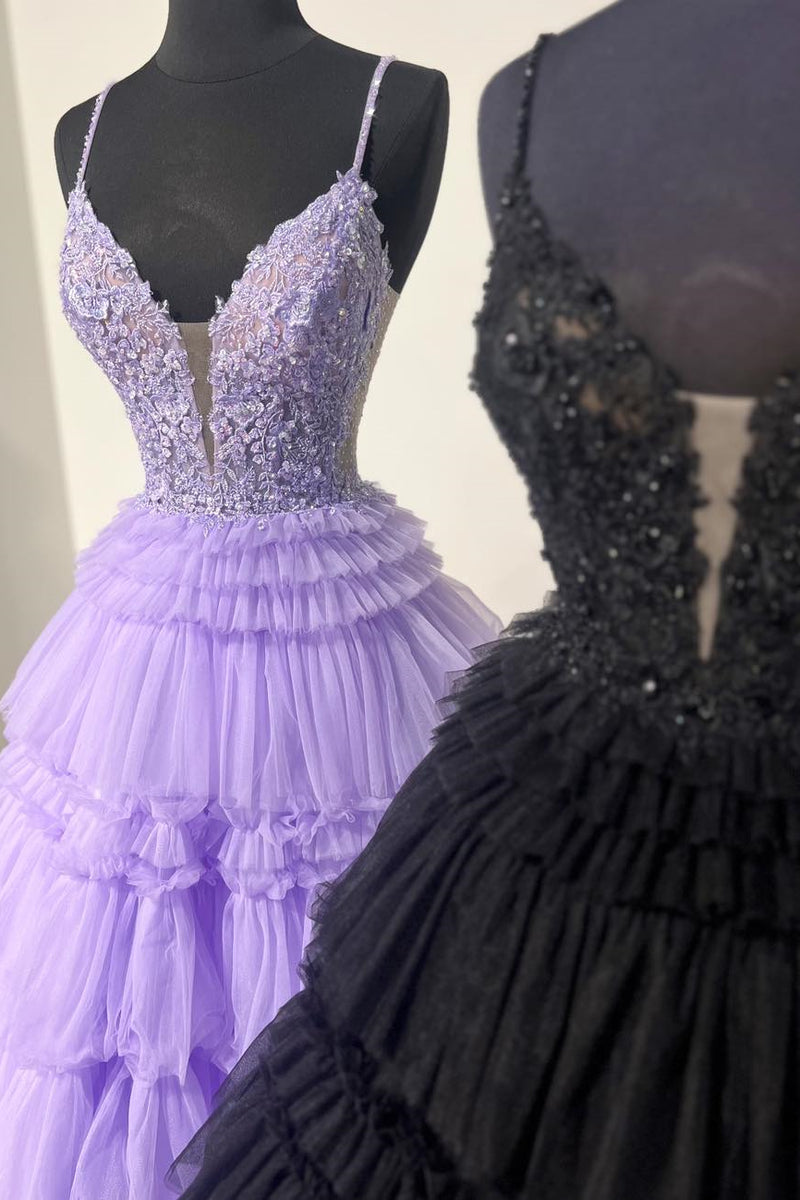 Lilac & Black Floral Layers Spaghetti Straps Lonh Prom Dress