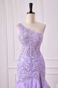 Lavender One Shoulder Floral Layers Mermaid Long Prom Dress with Slit