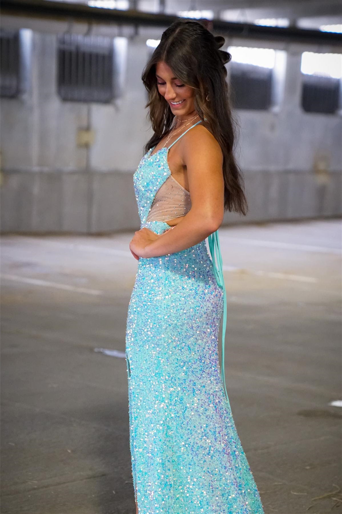 Blue Sequins V Neck Straps Mermaid Cut-Out Long Prom Dress with Slit