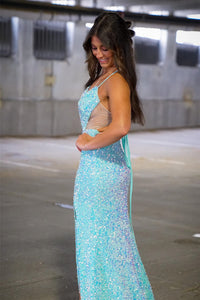 Blue Sequins V Neck Straps Mermaid Cut-Out Long Prom Dress with Slit
