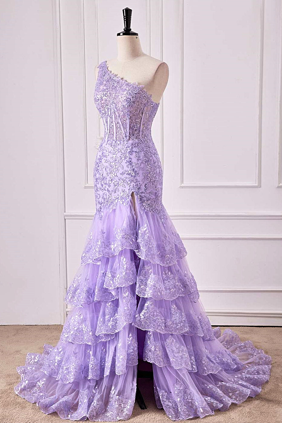 Lavender One Shoulder Floral Layers Mermaid Long Prom Dress with Slit