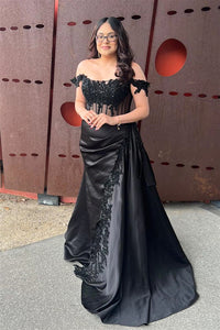 Black Off-Shoulder Mermaid Floral Rhinestones Long Prom Dress with Slit