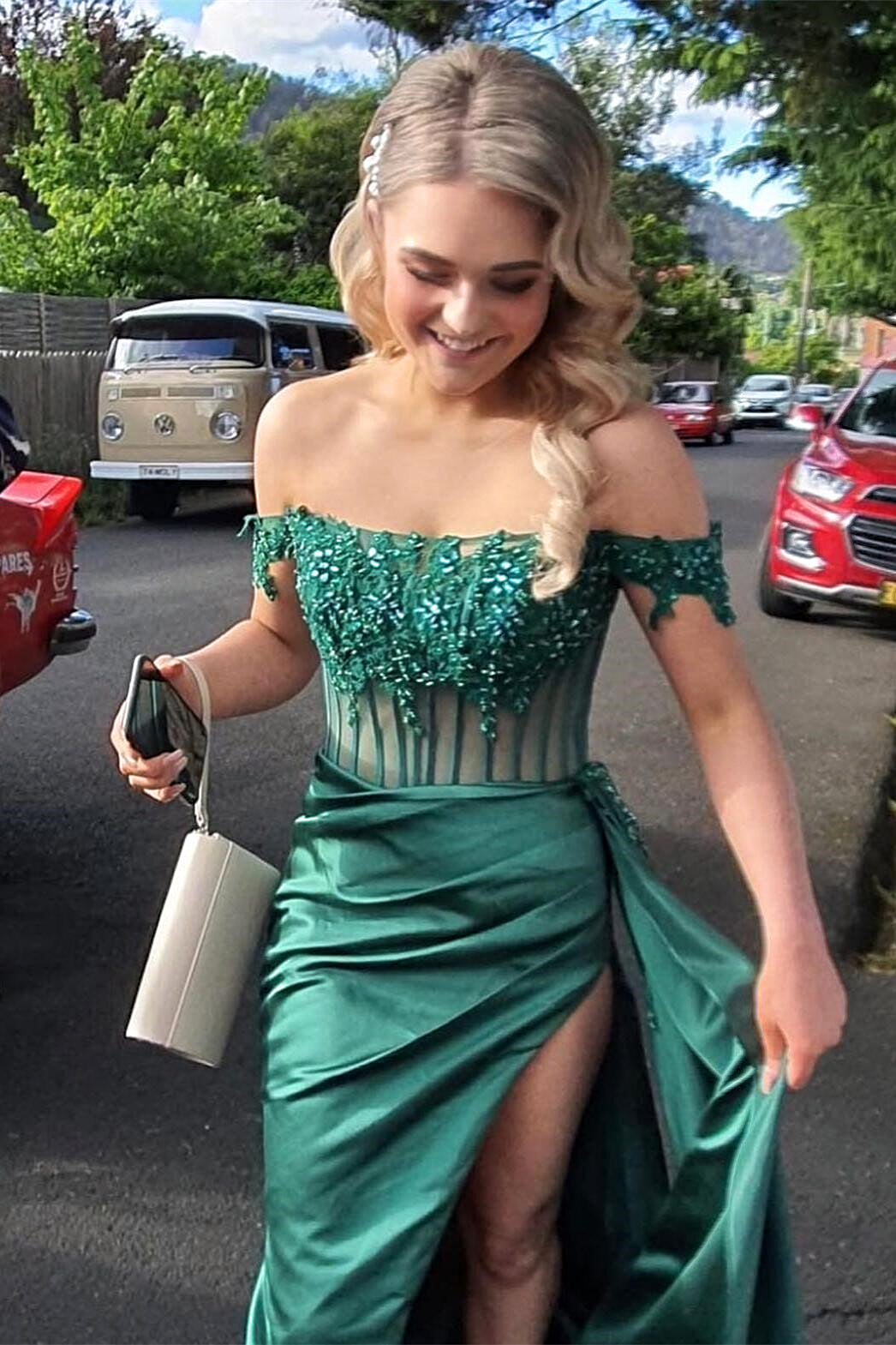 Hunter Green Off-Shoulder Mermaid Floral Rhinestones Long Prom Dress with Slit