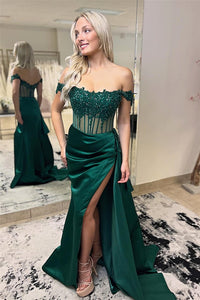 Hunter Green Off-Shoulder Mermaid Floral Rhinestones Long Prom Dress with Slit