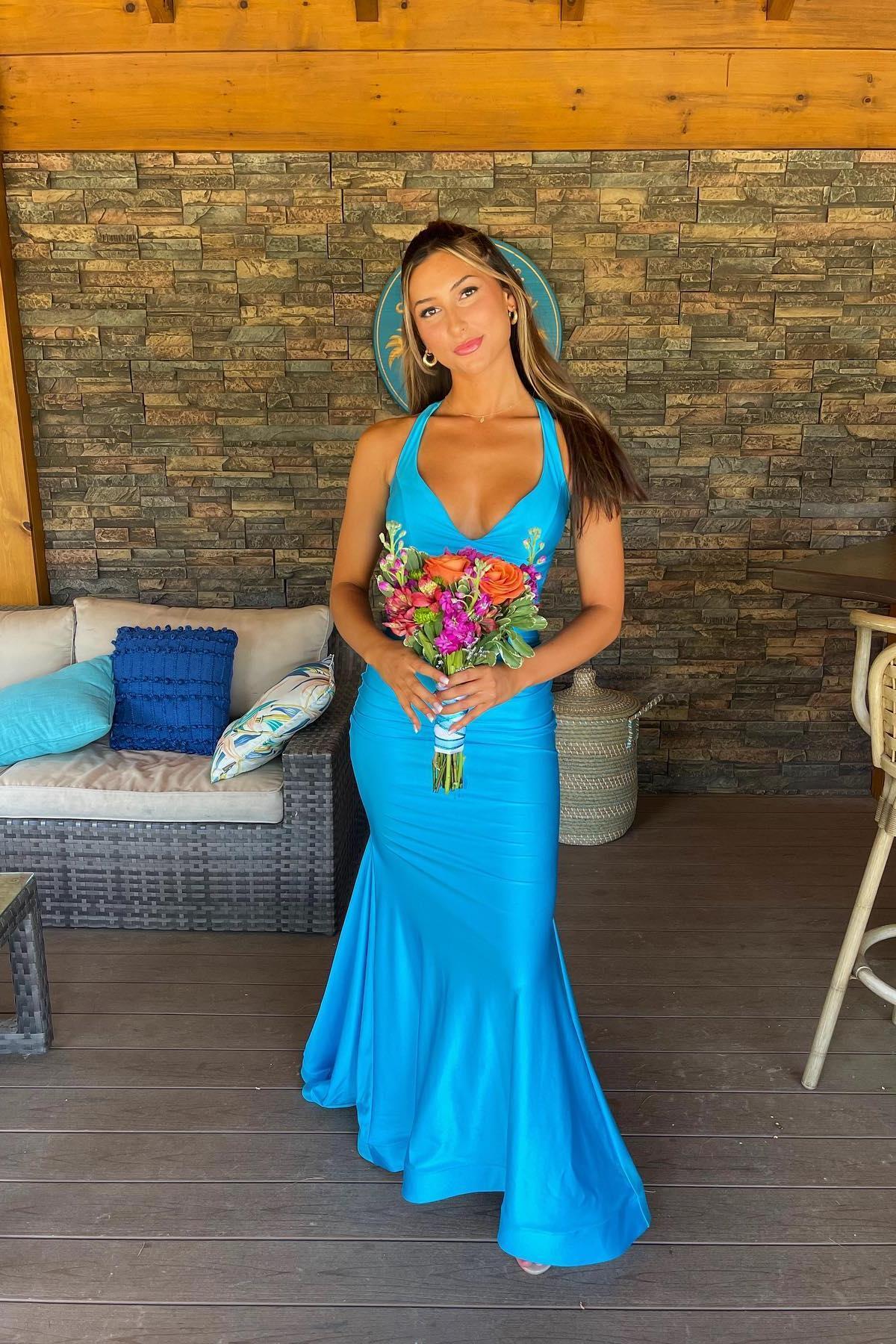 V Neck Blue Mermaid Long Formal Dress
