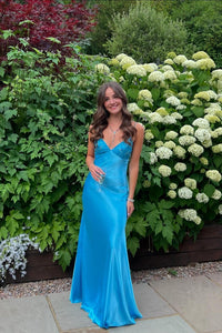 Beaded Blue Soft Satin Sheath Long Dress