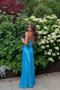 Beaded Blue Soft Satin Sheath Long Dress