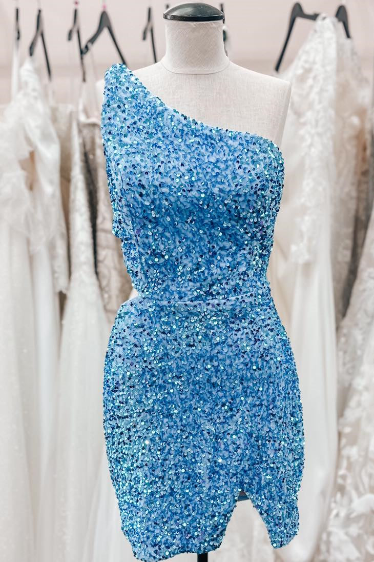 Sky Blue One Shoulder Sequins Sheath Cut-Out Homecoming Dress