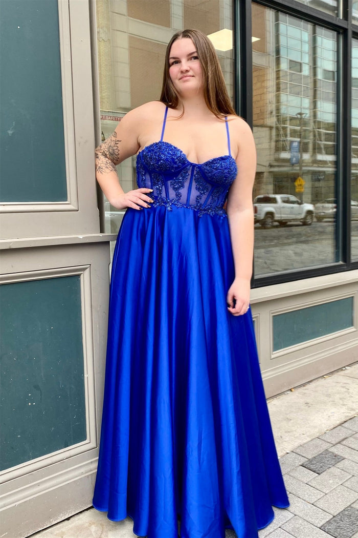 Royal Blue Spaghetti Straps Floral Satin Long Prom Dress