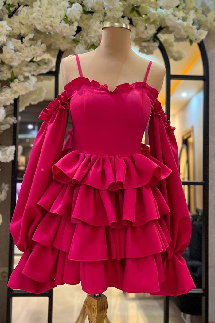 Rose Pink Cold Shoulder Straps RUffled Long Sleeves Layers Homecoming Dress