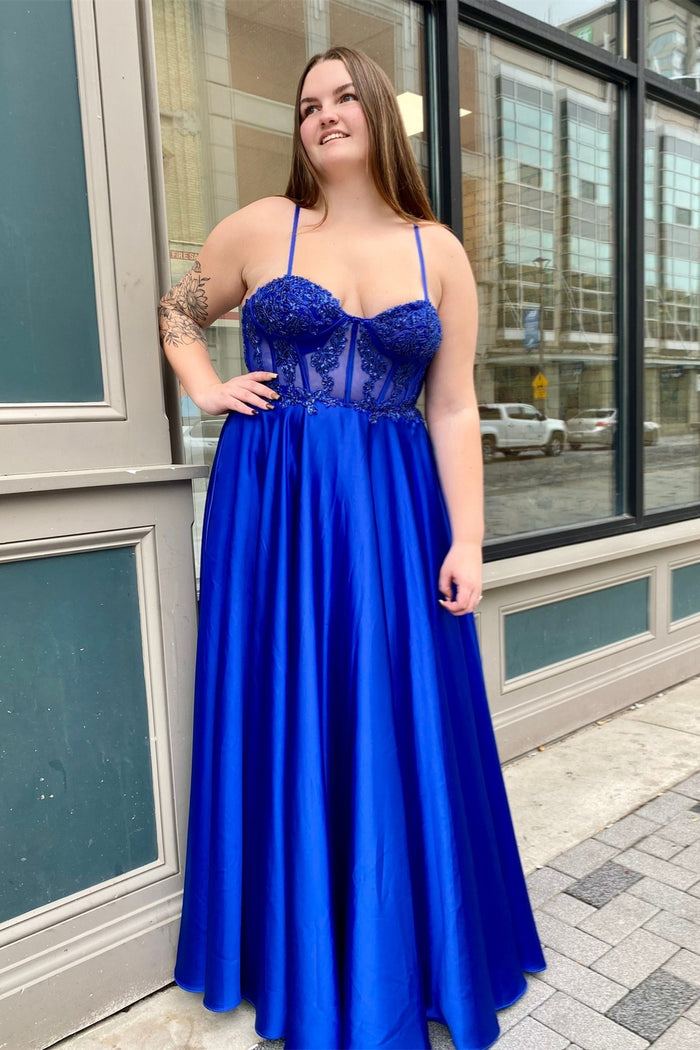 Royal Blue Spaghetti Straps Floral Satin Long Prom Dress