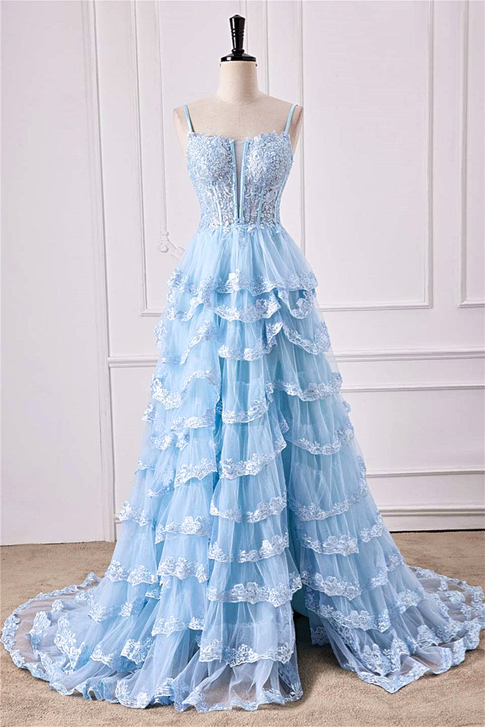 Light Blue Spaghetti Straps Floral Layers A-line Long Prom Dress with Slit