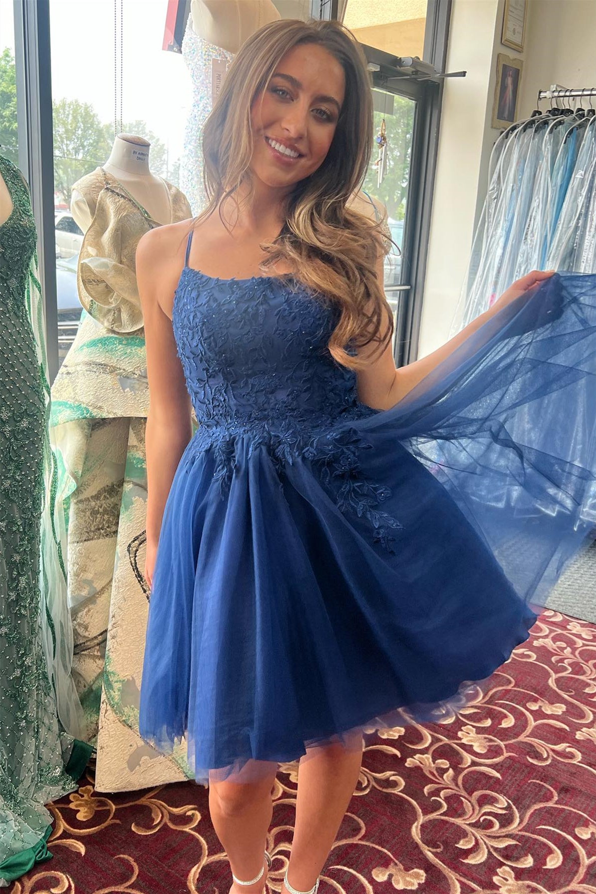 Navy Blue Appliques A-line Tulle Homecoming Dress