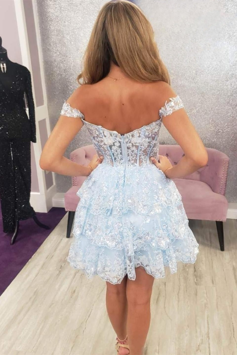 White Off-the-Shoulder Lace Multi-Layers Appliques Sequins Homecoming Dress