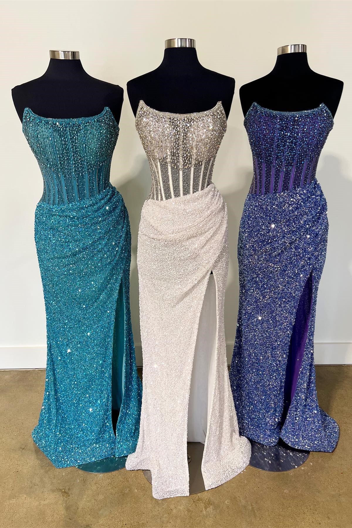 Ink Blue & White & Regency Strapless Sequins Mermaid Long Prom Dress with Slit