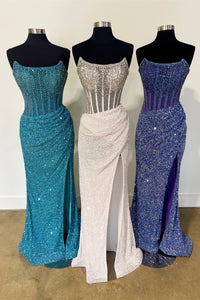 Ink Blue & White & Regency Strapless Sequins Mermaid Long Prom Dress with Slit