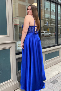 Royal Blue Spaghetti Straps Floral Satin Long Prom Dress