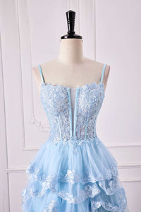 Light Blue Spaghetti Straps Floral Layers A-line Long Prom Dress with Slit