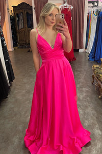 Fuchsia Plunging V Neck Straps A-line Satin Long Prom Dress with Slit