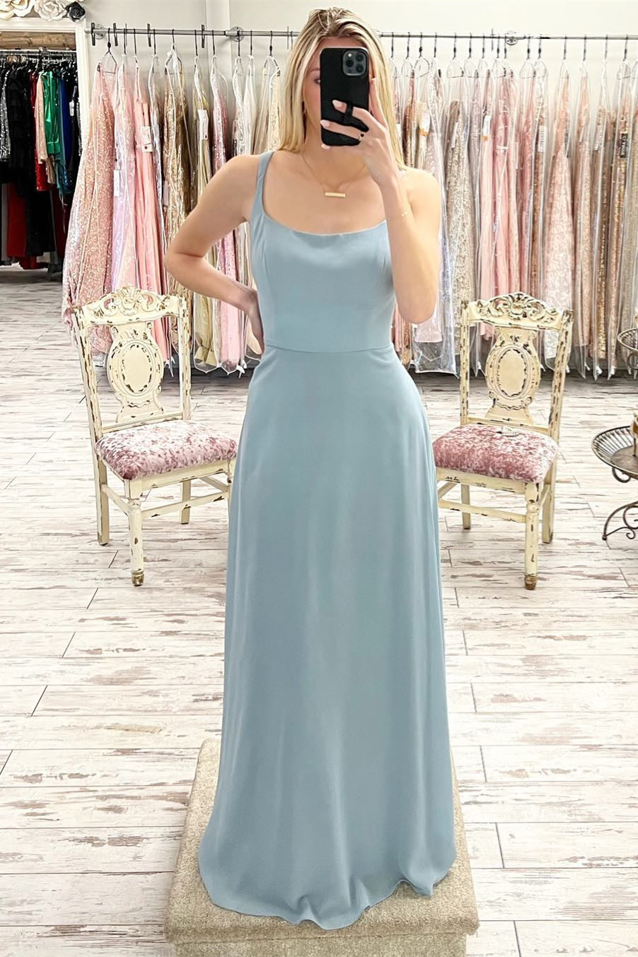 Dusty Blue Satin Scoop Neck Long Prom Dress