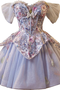 Off the Shoulder Purple Embroidery Tulle Homecoming Dress