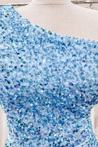 Sky Blue One Shoulder Sequins Sheath Cut-Out Homecoming Dress