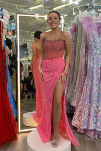 Hot Pink Strapless Sequins Mermaid Long Prom Dress with Slit