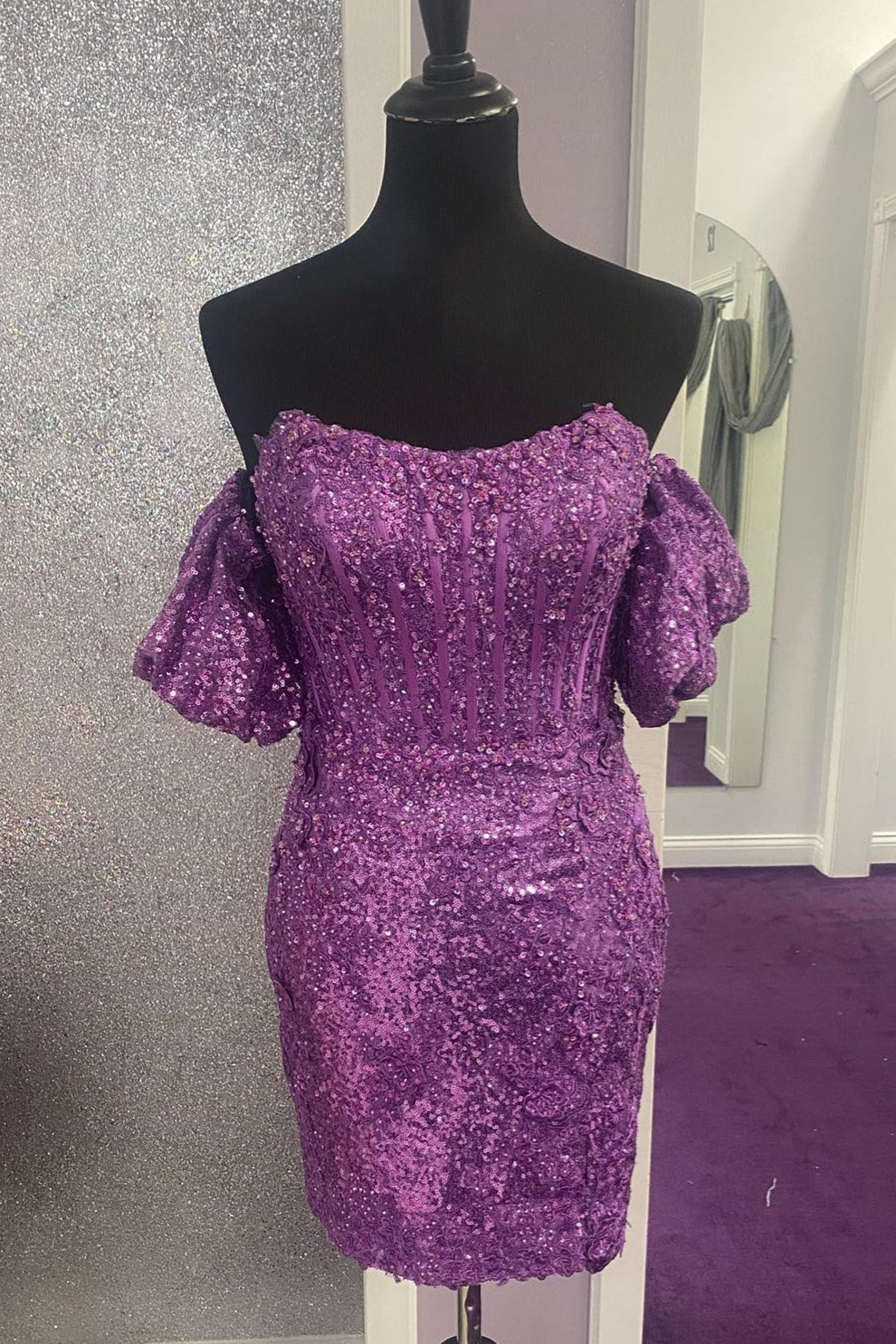 Grape Sequins Off-the-Shoulder Sheath Homecoming Dress