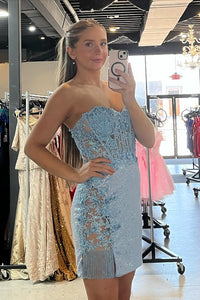 Light Blue Strapless Appliques Sheath Sequins Homecoming Dress