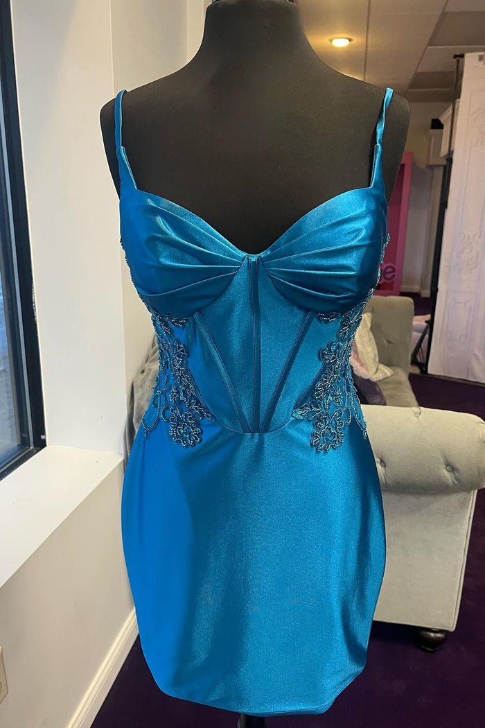 Blue Appliques Satin Keyhole Sheath Homecoming Dress