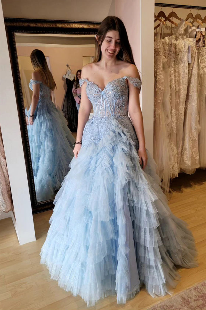 Light Blue Off-Shoulder Floral Layers Long Prom Dress