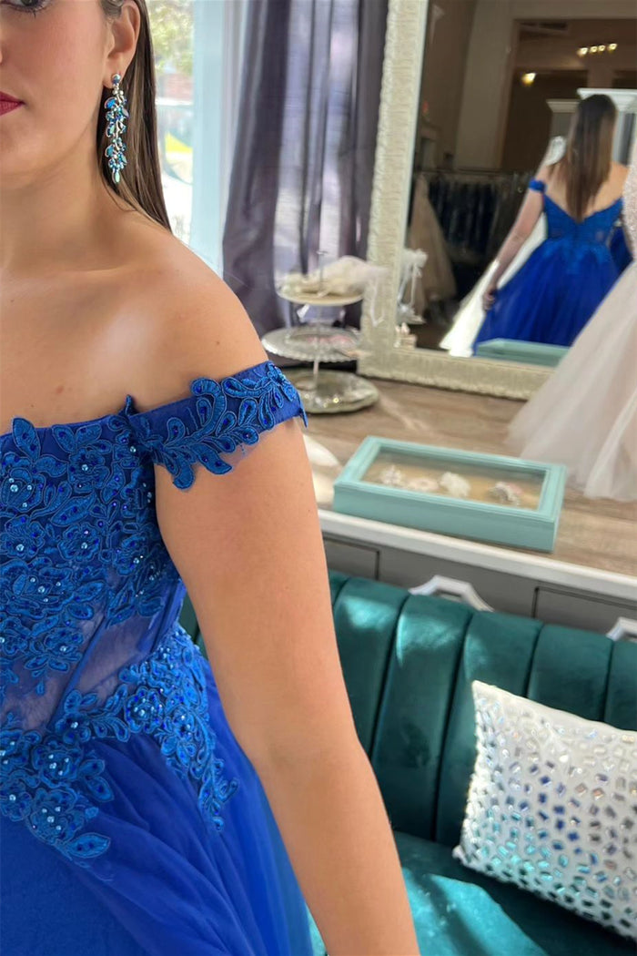 Royal Blue Off-Shoulder Beaded Appliques Tulle Long Prom Dress