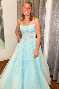 Light Blue Strapless Floral A-line Long Prom Dress