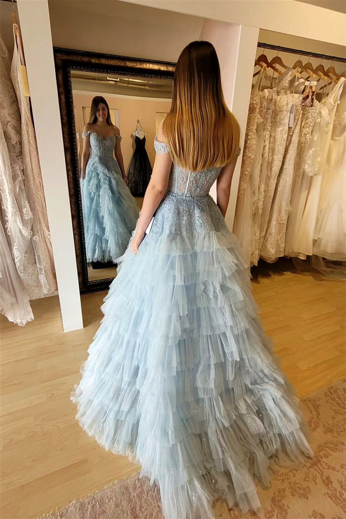Light Blue Off-Shoulder Floral Layers Long Prom Dress